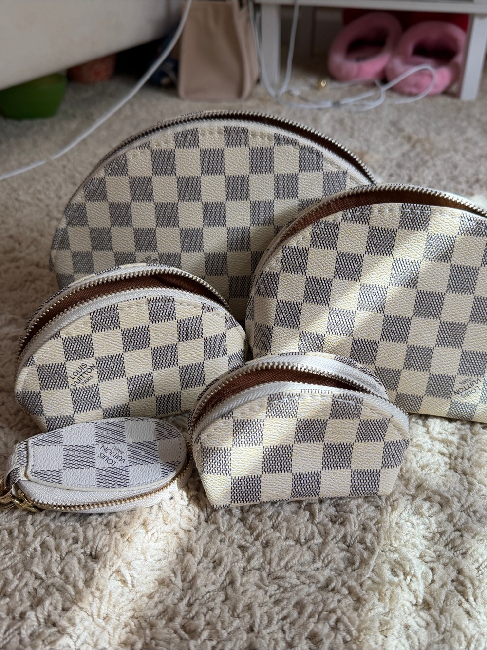 Designer-Inspired Checkered Cosmetic Pouch Set in Cream and Gray